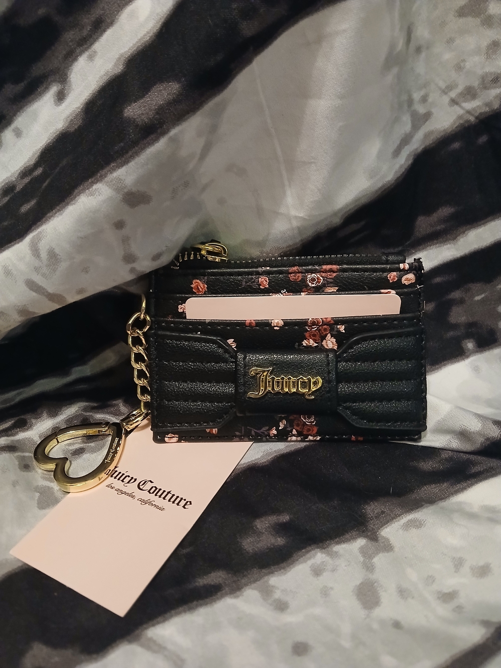 Juicy Couture Black Floral Card Holder with Heart Keychain